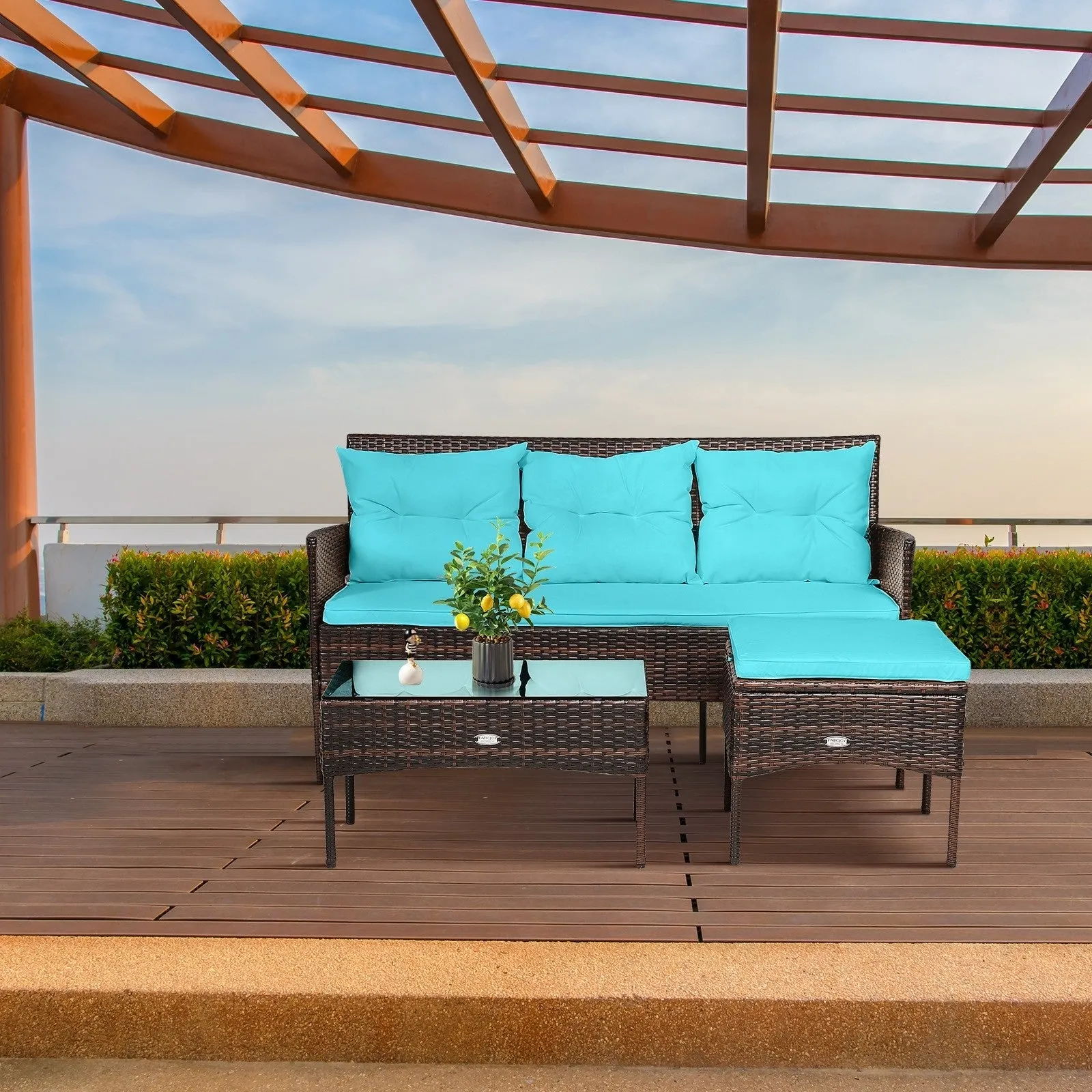 3pc Wicker Rattan Patio Conversation Set - Turquoise