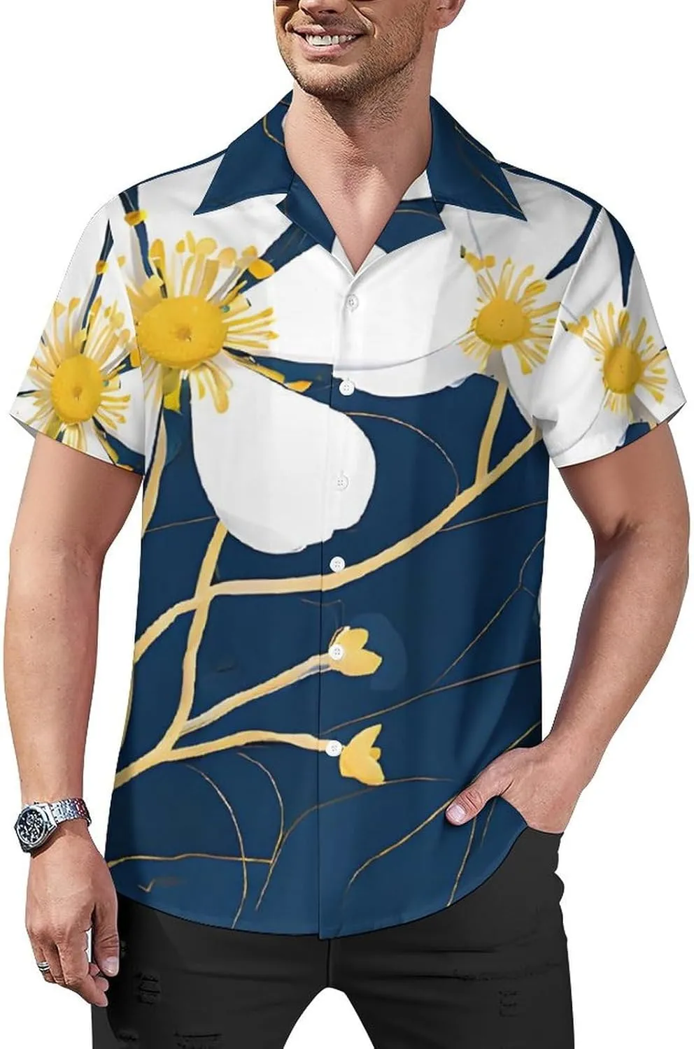 Artistic Daisy Floral Print Cuban Collar Shirt Classic Design for Comfort and Style