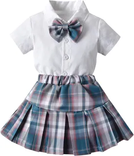 Baby Kids Girl School Style Outfits Solid Color Short Sleeve Button Down Tops Plaid Print Skirts With Bow Girl