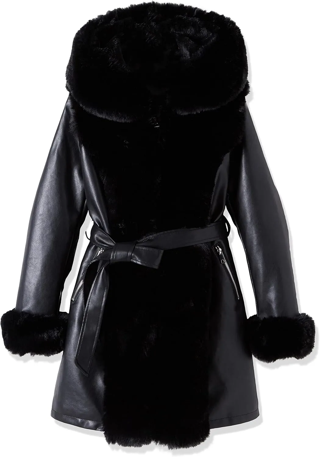 Bellivera Women's Faux Leather Fleece Lined Coat Winter Hooded Zip-up Parka with Belt