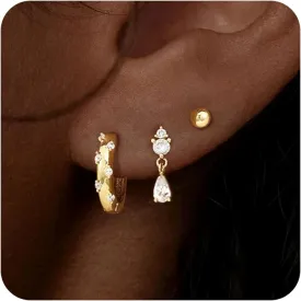 BERISO 14K Gold Hoop Earrings for Women - Hypoallergenic Small Huggie Hoops Cartilage Earrings Set Cute Cubic Zirconia Dangle Stud Earrings Jewelry Gifts