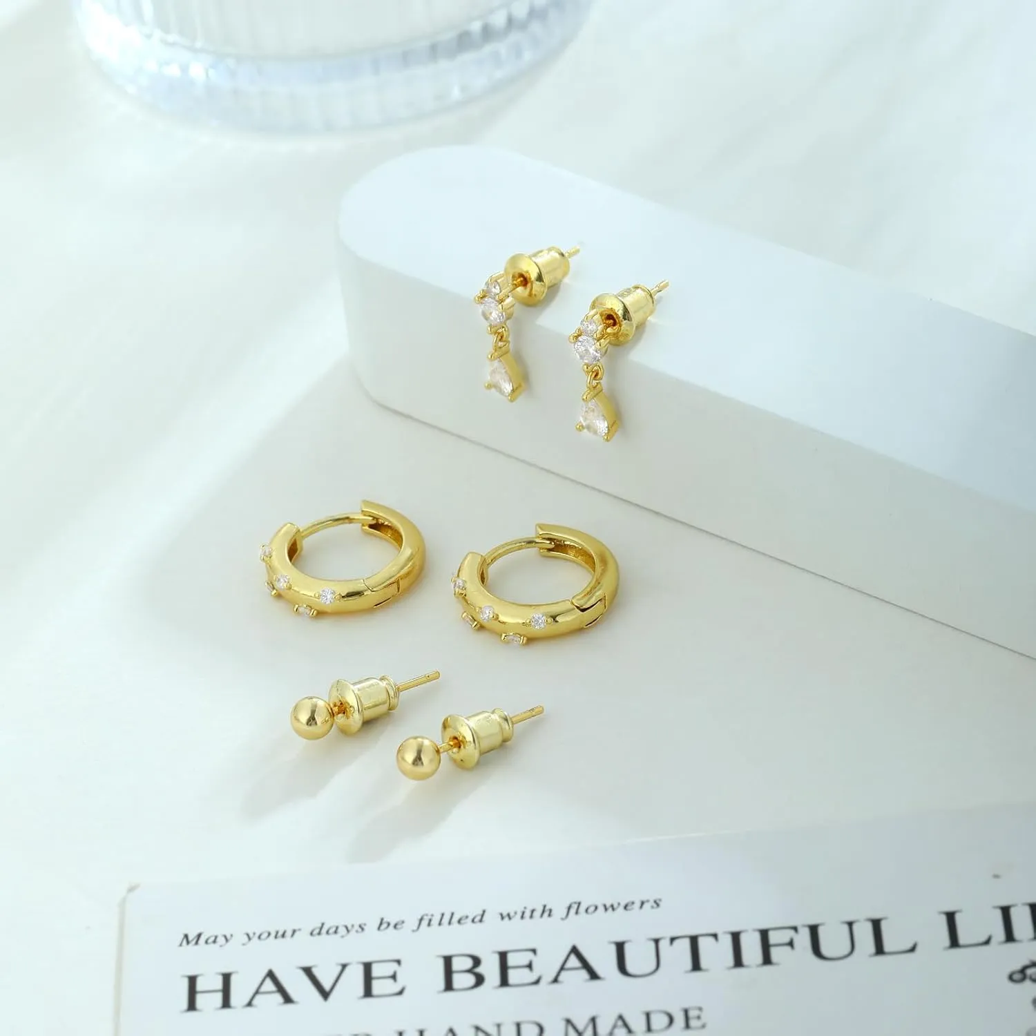 BERISO 14K Gold Hoop Earrings for Women - Hypoallergenic Small Huggie Hoops Cartilage Earrings Set Cute Cubic Zirconia Dangle Stud Earrings Jewelry Gifts