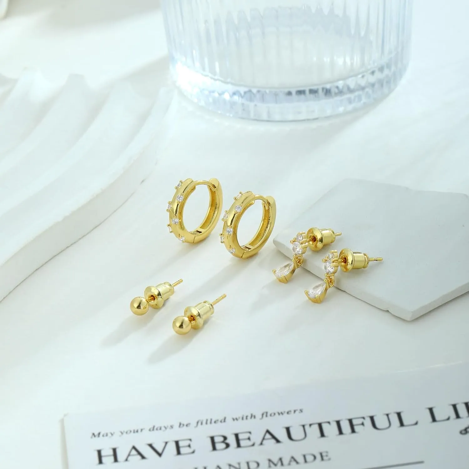 BERISO 14K Gold Hoop Earrings for Women - Hypoallergenic Small Huggie Hoops Cartilage Earrings Set Cute Cubic Zirconia Dangle Stud Earrings Jewelry Gifts