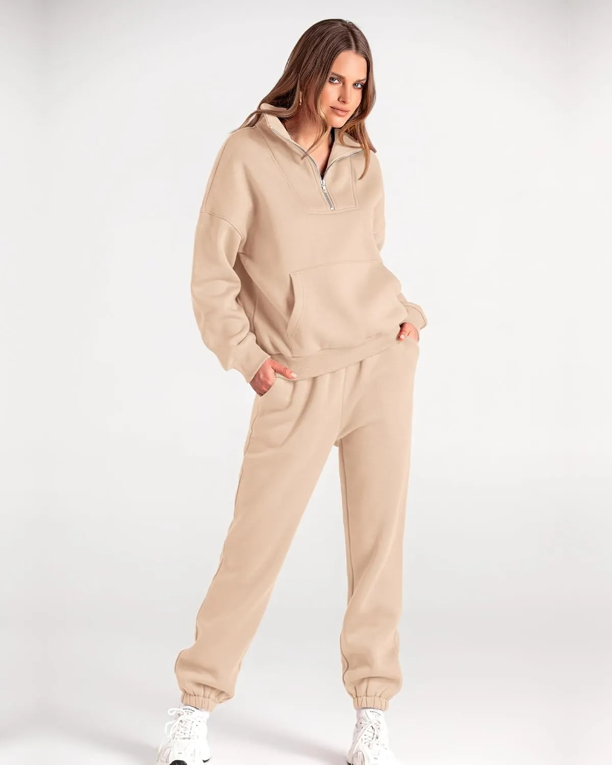 BTFBM Women 2 Piece Tracksuits Fall Winter 1/4 Zip Sweatshirt Jogger Pants Matching Lounge Sets Thick Sweatsuits Pockets