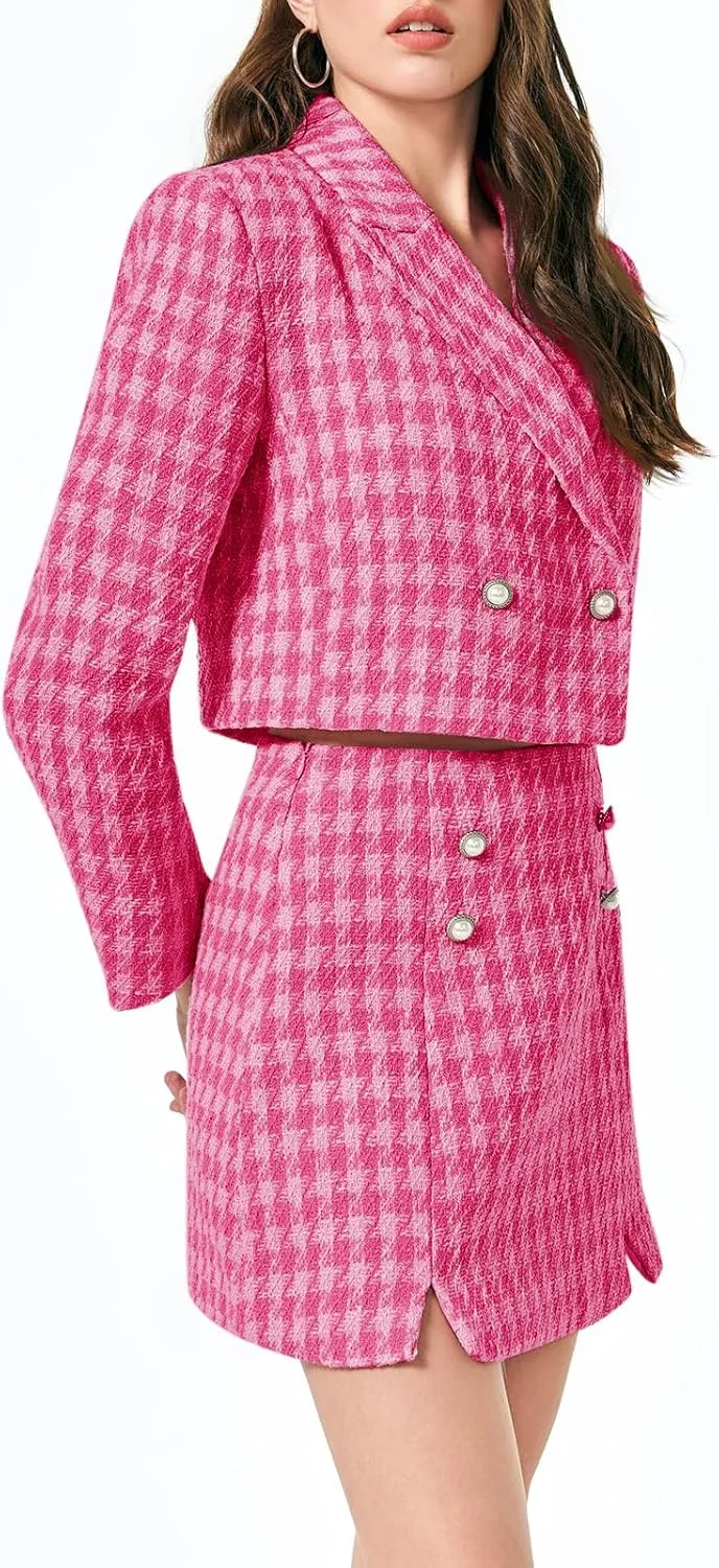 Cicy Bell Womens Cropped Tweed Blazer Sets 2 Piece Outfits and Mini Skirt Sets Business Casual Suits