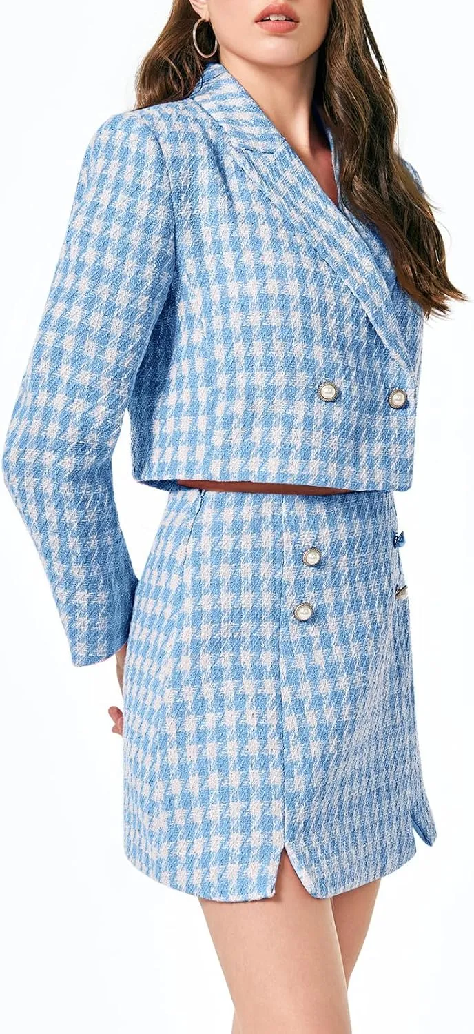 Cicy Bell Womens Cropped Tweed Blazer Sets 2 Piece Outfits and Mini Skirt Sets Business Casual Suits