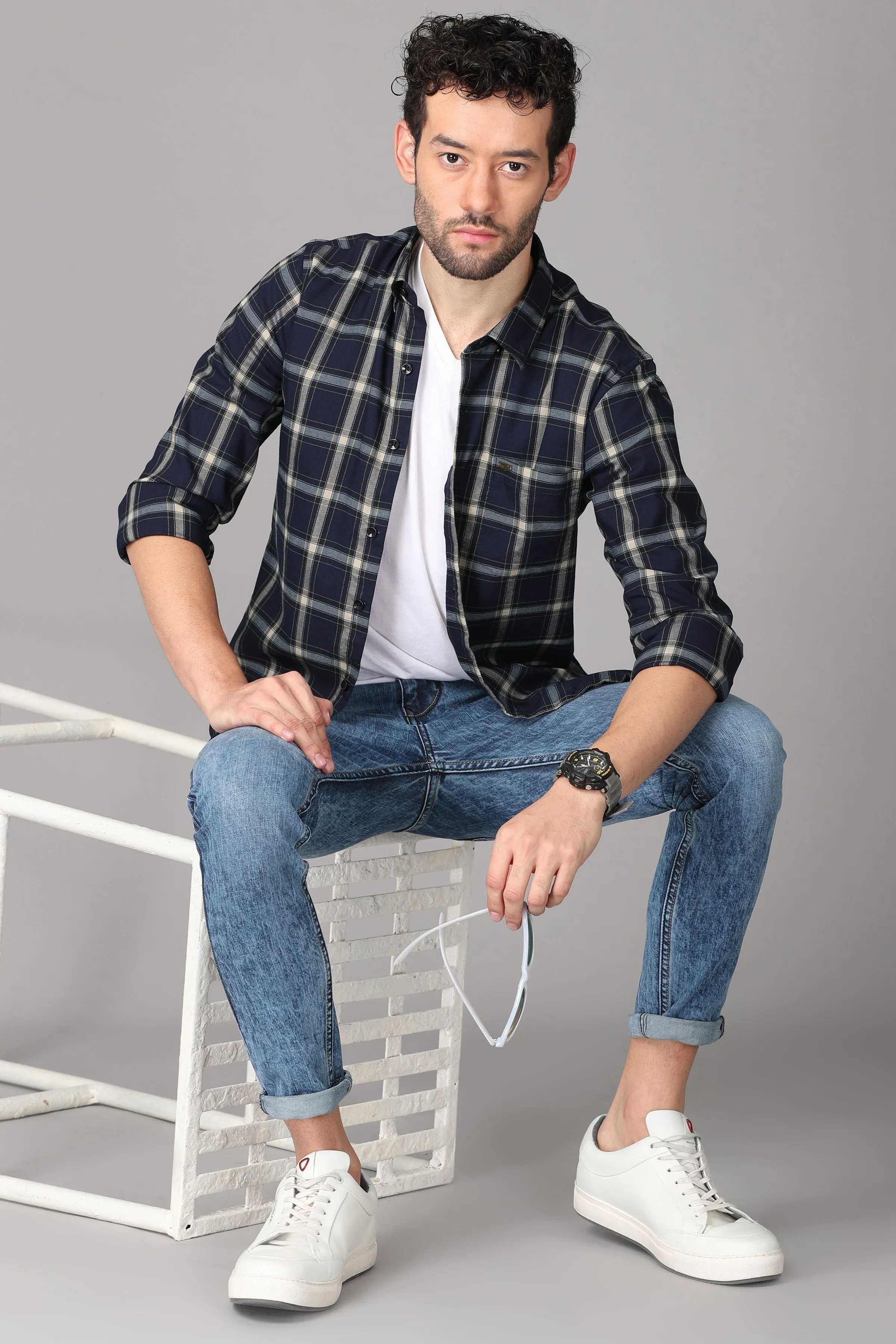 Dark Blue Checks Shirt