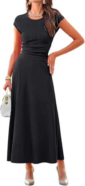 Dokotoo Women's 2 Piece Summer Outfits Casual Crewneck Short Sleeve Ruched Knit Tops Elastic Waist A-Line Midi Skirt Set
