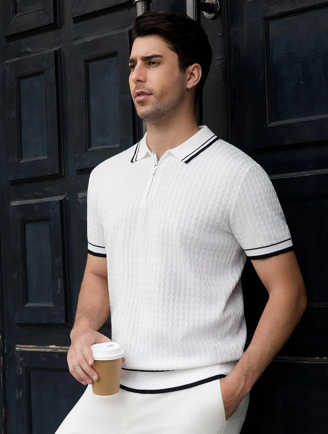 Esabel.C Mens Polo Shirts Short Sleeve Striped Casual Fashion Knit Golf Shirt Regular Fit