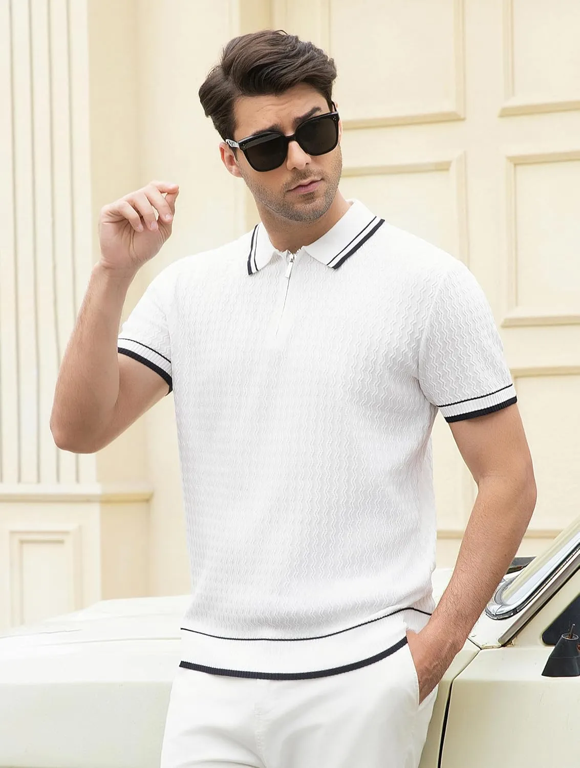 Esabel.C Mens Polo Shirts Short Sleeve Striped Casual Fashion Knit Golf Shirt Regular Fit