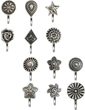 Fashions Non Piercing Traditional Indian Nosepin Pressing Type Clip On Oxidized Black Silver Nose Ring Pin Stud For Women (1.5cm, Black Metal Silver)