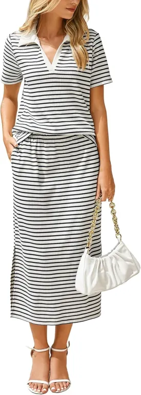 Glamaker Womens 2025 Summer Skirt Sets 2 Piece Outfits Casual Knit Striped Short Sleeve Travel Sets Clothes
