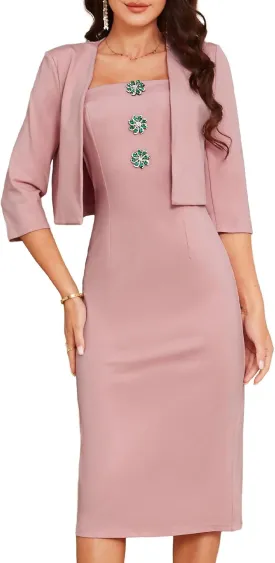 GRACE KARIN Women's Formal Dresses Office Business Work 2 Piece Outfits Midi Bodycon Dress with 3/4 Sleeve Jacket Suit Sets
