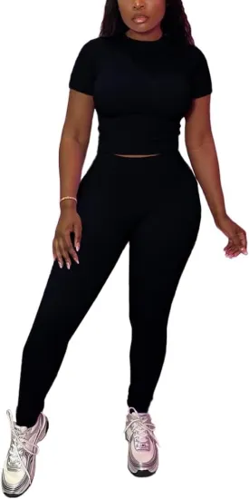 HBQ Women Two Piece Outfits Workout Sets Ribbed Casual Jogging Suits Short Sleeve Tracksuits