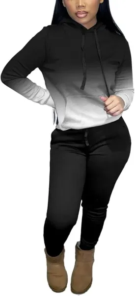 HTD Two Piece Outfits for Women Casual Sweatsuits Set Long Sleeve Hoodie Tracksuit Pullover Jogger Sweat Pants Set