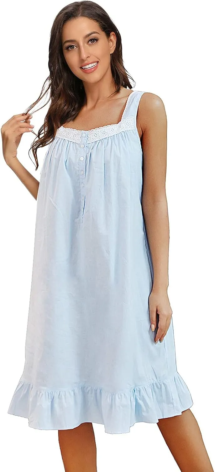 IZZY   TOBY Lightweight Cotton Nightgowns for Women Sleeveless Cotton Nightgown Mid-Calf Ladies Nightdress