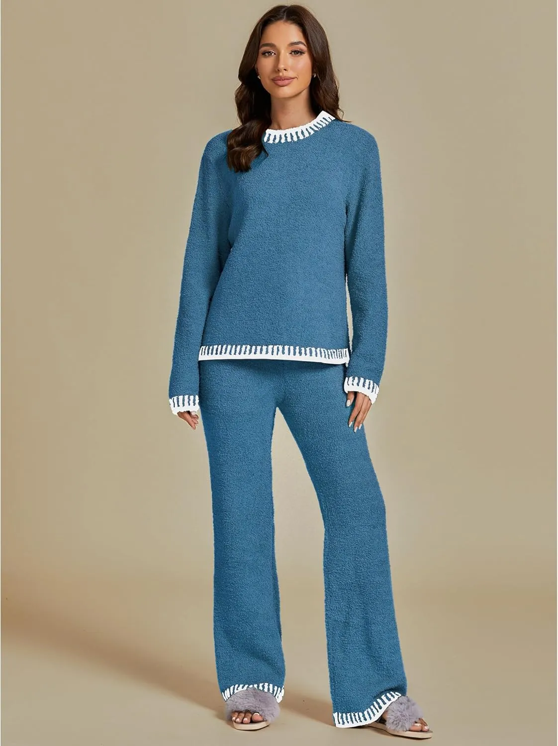 luvamia Two Piece Lounge Sets for Women Fuzzy Long Sleeve Knitted Sweater Contrast Trim Casual Warm Pajama Matching Set