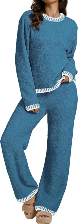 luvamia Two Piece Lounge Sets for Women Fuzzy Long Sleeve Knitted Sweater Contrast Trim Casual Warm Pajama Matching Set