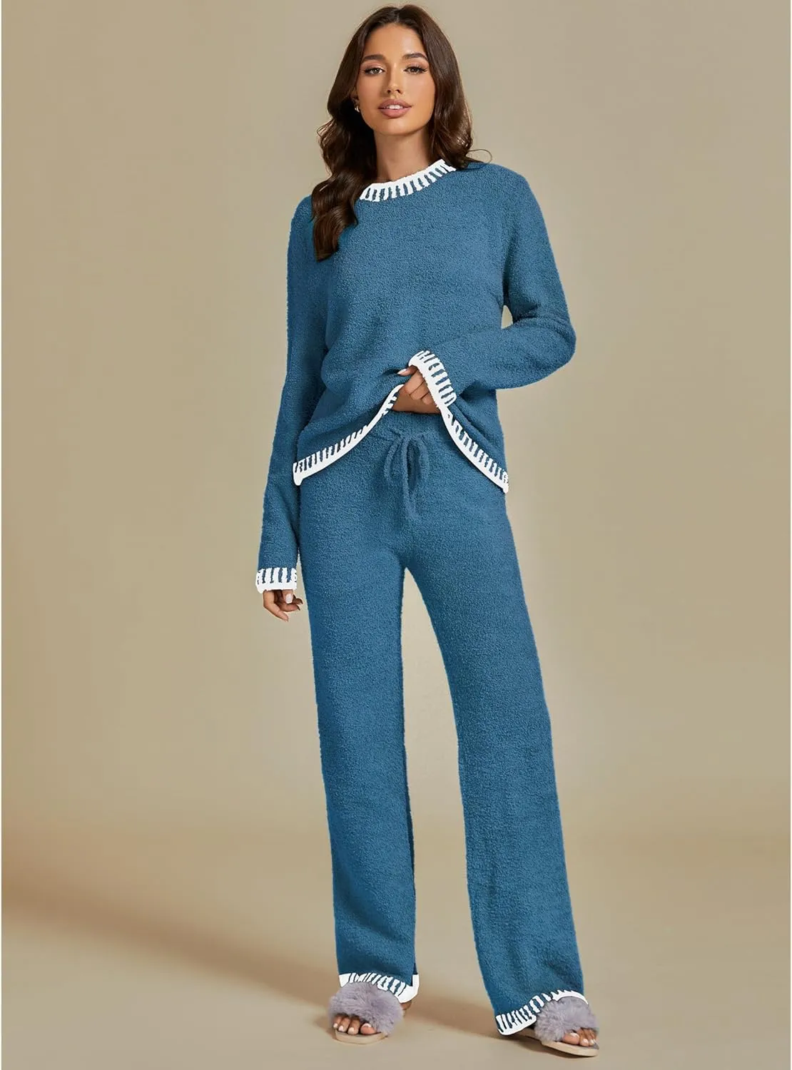 luvamia Two Piece Lounge Sets for Women Fuzzy Long Sleeve Knitted Sweater Contrast Trim Casual Warm Pajama Matching Set