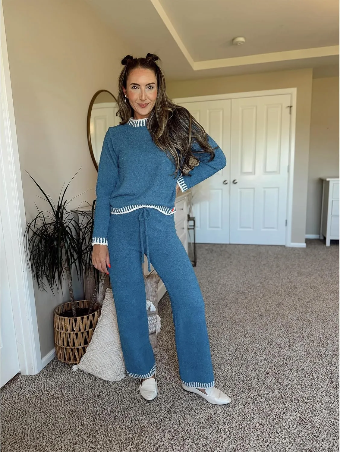 luvamia Two Piece Lounge Sets for Women Fuzzy Long Sleeve Knitted Sweater Contrast Trim Casual Warm Pajama Matching Set