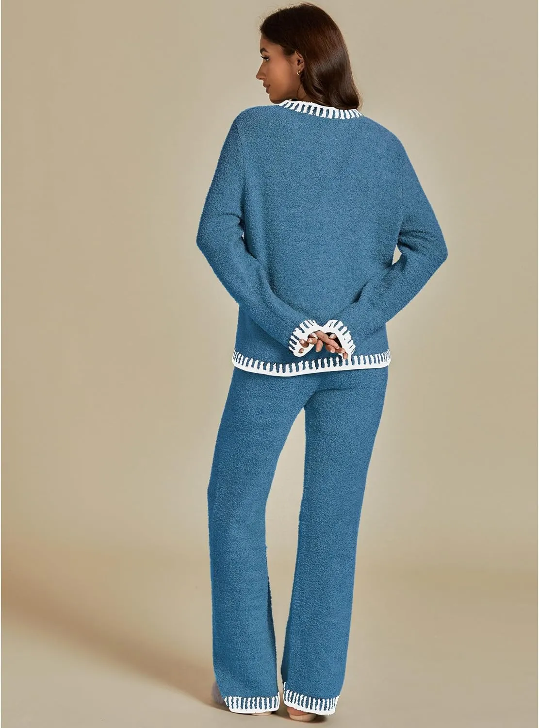 luvamia Two Piece Lounge Sets for Women Fuzzy Long Sleeve Knitted Sweater Contrast Trim Casual Warm Pajama Matching Set