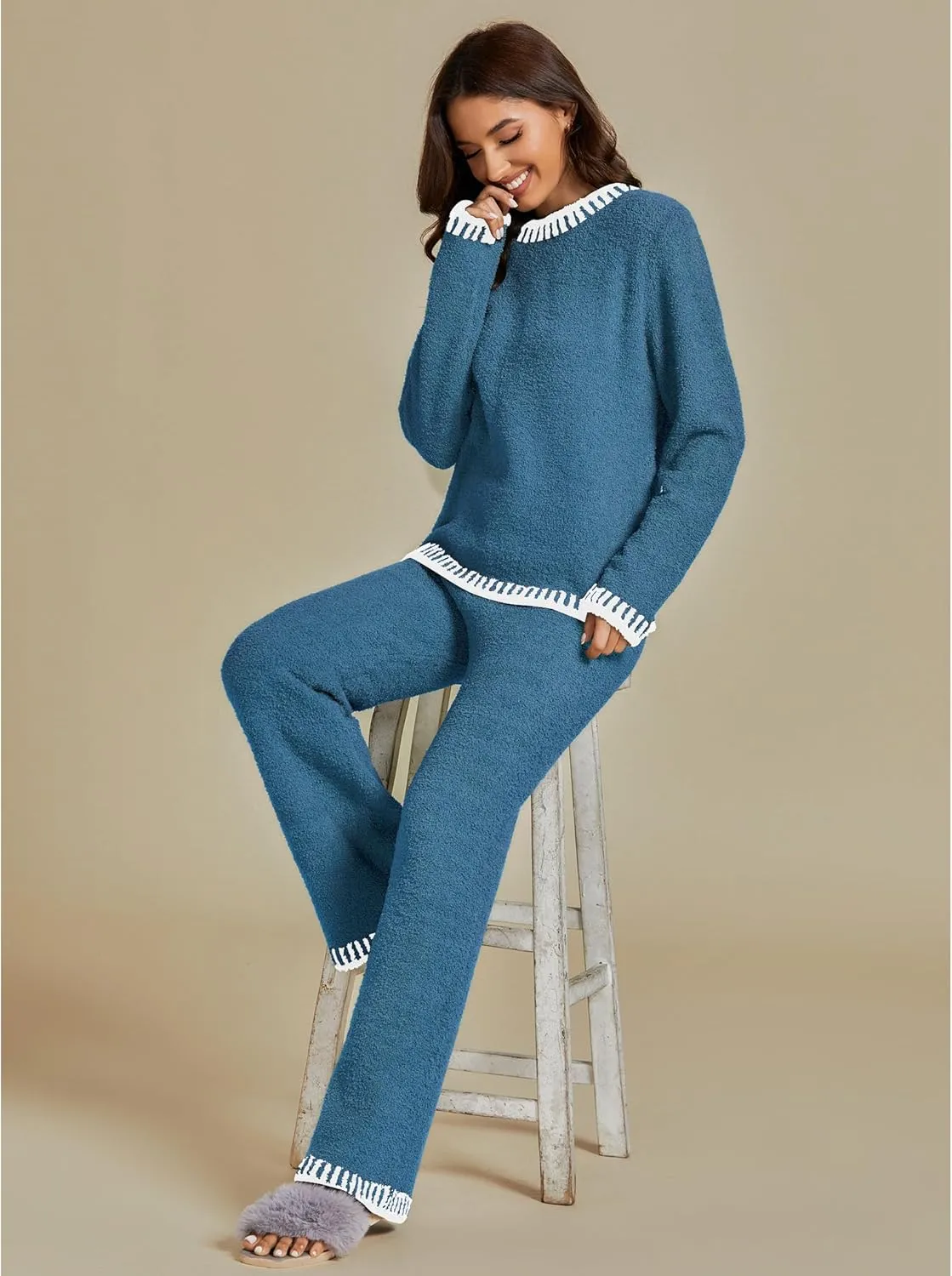 luvamia Two Piece Lounge Sets for Women Fuzzy Long Sleeve Knitted Sweater Contrast Trim Casual Warm Pajama Matching Set