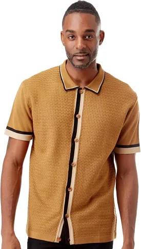 Mens Short Sleeve Knit Sports Shirt - Modern Polo Vintage Classics: Solid Geometric Jacquard with Color Tipping