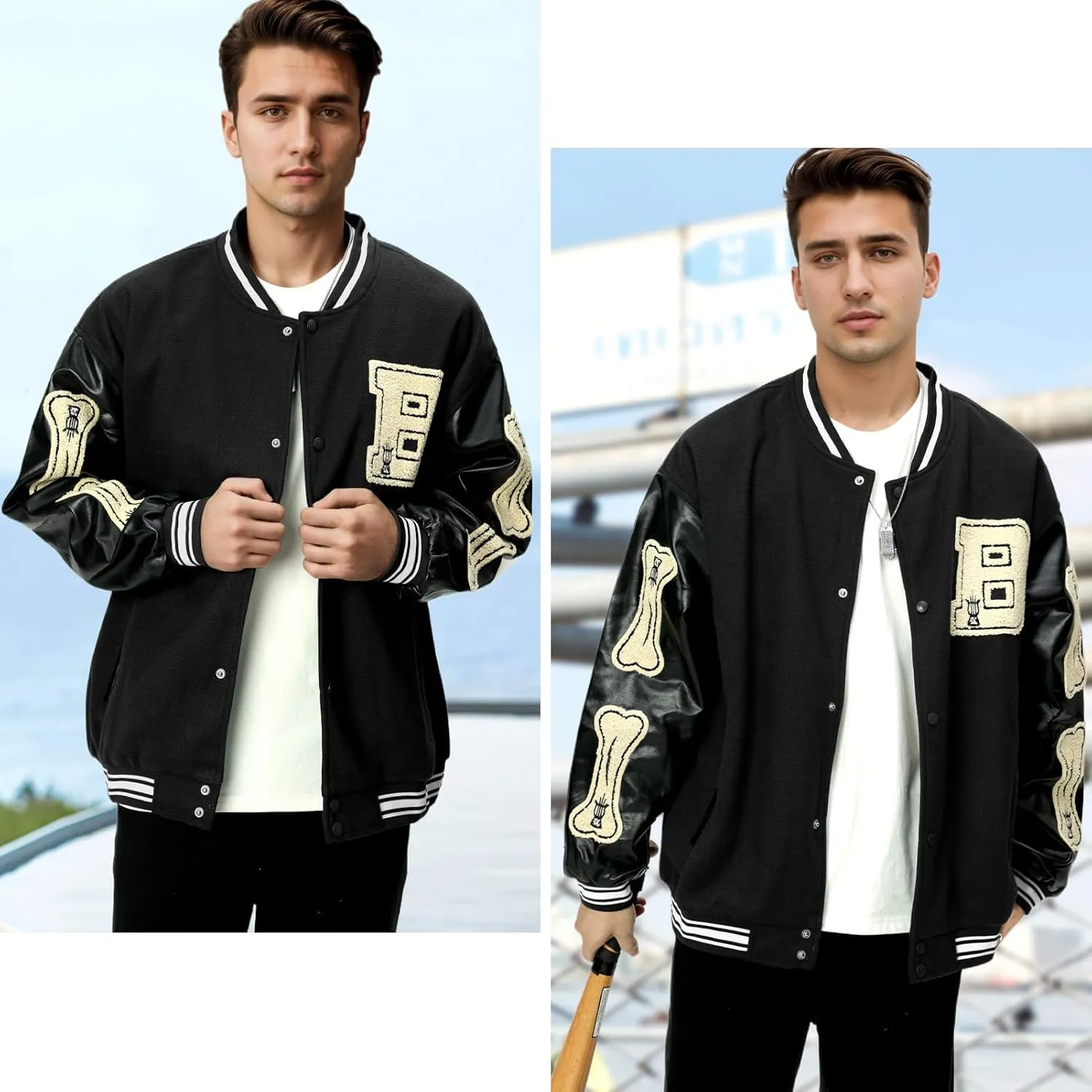 Mens Varsity Jacket Baseball Bomber Jacket Vintage Unisex Streetwear Coats with Patchwork Hipster Utility Tops