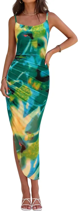 PRETTYGARDEN Women 2025 Summer Mesh Dress Spaghetti Strap Cowl Neck Print Ruched Bodycon Dresses Asymmetrical Long Dress