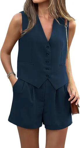 PRETTYGARDEN Women Summer 2 Piece Outfits V Neck Sleeveless Button Down Vest Shorts Sets Business Work Matching Set 2025
