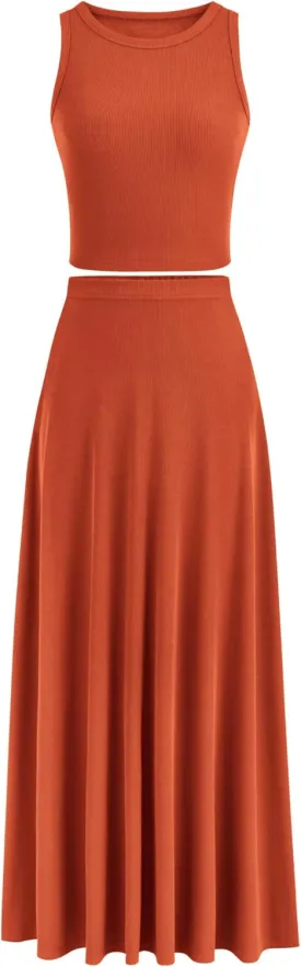 PRETTYGARDEN Women's 2 Piece Maxi Skirt Sets Casual Summer Knit Cropped Tank Top High Waisted Long Skirts Outfit