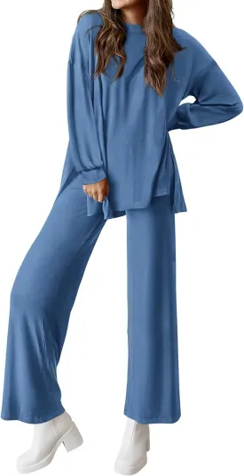 PRETTYGARDEN Womens 2 Piece Outfits Crewneck Long Sleeve Tops Wide Leg Long Pants Casual Lounge Set Tracksuit