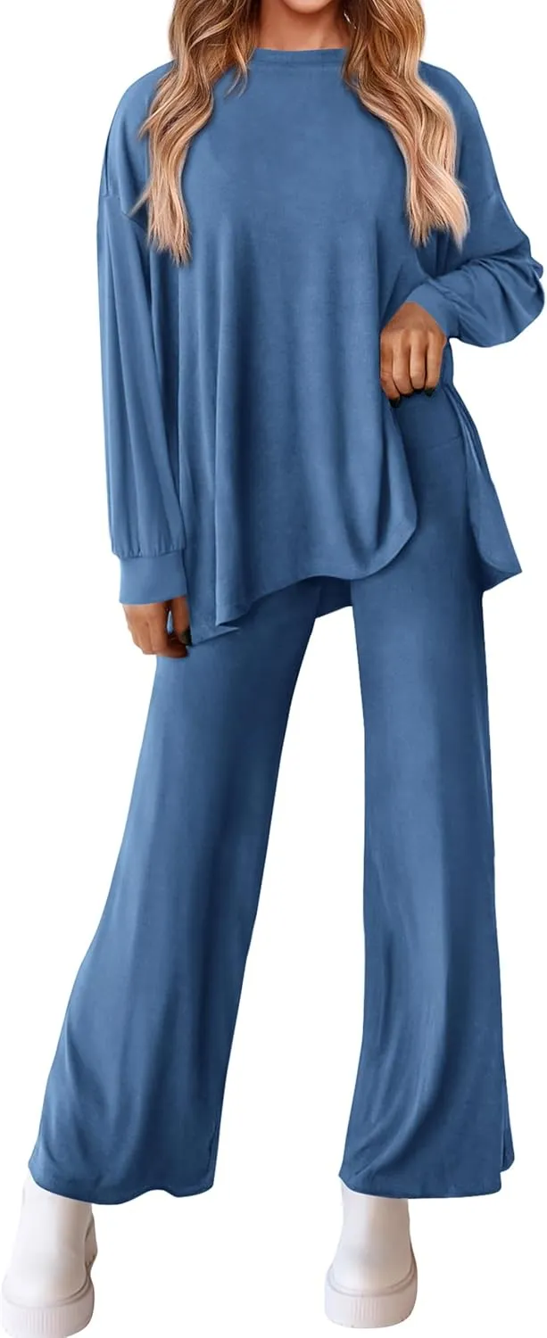 PRETTYGARDEN Womens 2 Piece Outfits Crewneck Long Sleeve Tops Wide Leg Long Pants Casual Lounge Set Tracksuit