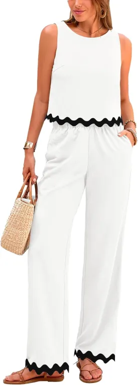PRETTYGARDEN Women's 2 Piece Outfits Smmer Casual Sleeveless Tank Crop Top Pants Sets Tracksuit