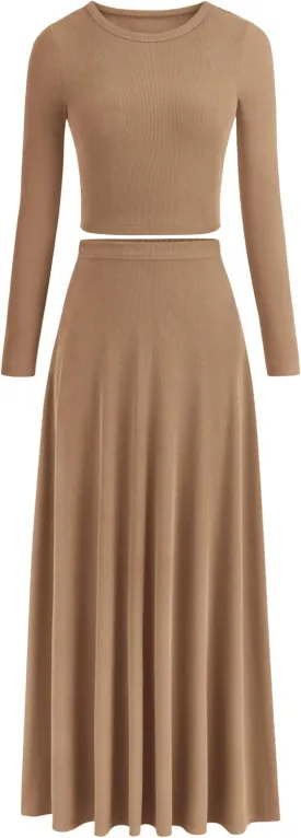 PRETTYGARDEN Women's Spring 2 Piece Outfits Dressy Casual Ribbed Knit Long Sleeve Crop Tops Maxi Flowy Skirts Matching Sets