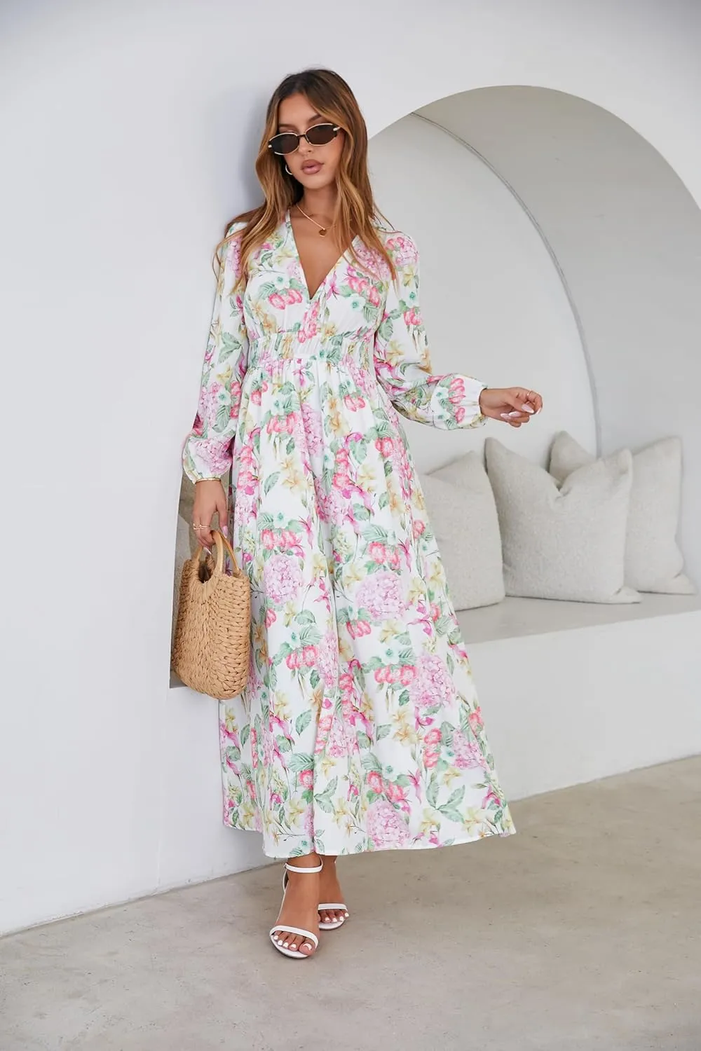 Sissyaki Women's Long Sleeve Boho Floral Maxi Dress Smocked Beach Flowy Dress