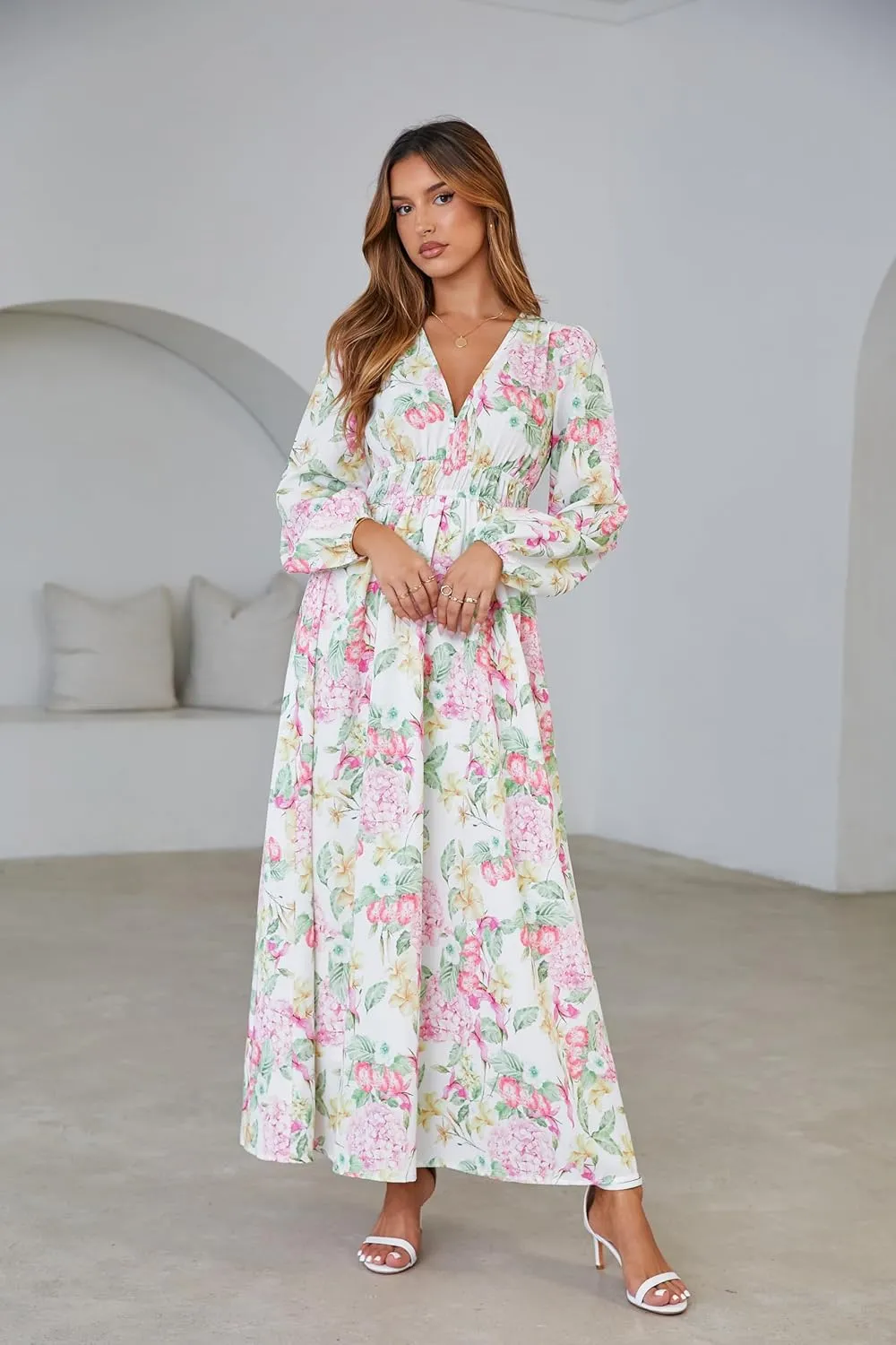 Sissyaki Women's Long Sleeve Boho Floral Maxi Dress Smocked Beach Flowy Dress