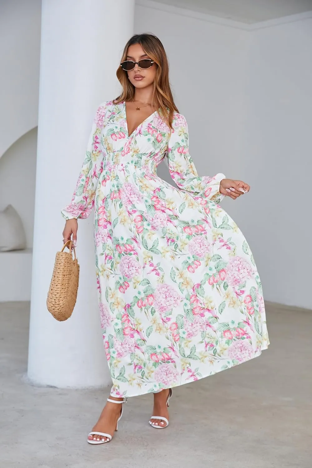 Sissyaki Women's Long Sleeve Boho Floral Maxi Dress Smocked Beach Flowy Dress