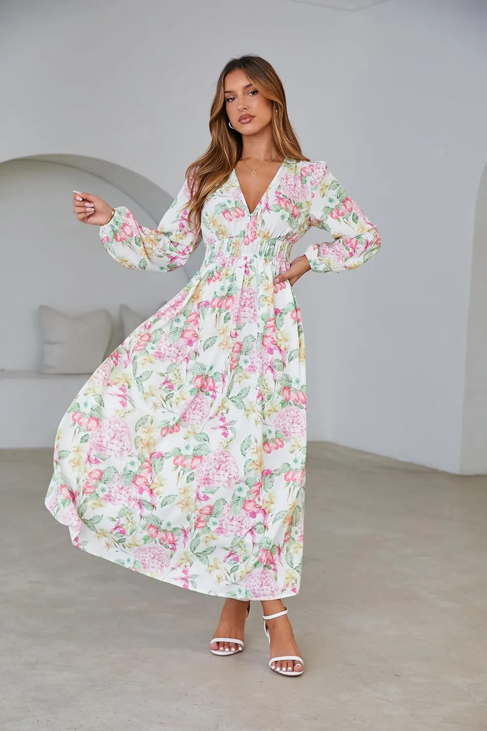 Sissyaki Women's Long Sleeve Boho Floral Maxi Dress Smocked Beach Flowy Dress