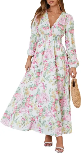 Sissyaki Women's Long Sleeve Boho Floral Maxi Dress Smocked Beach Flowy Dress