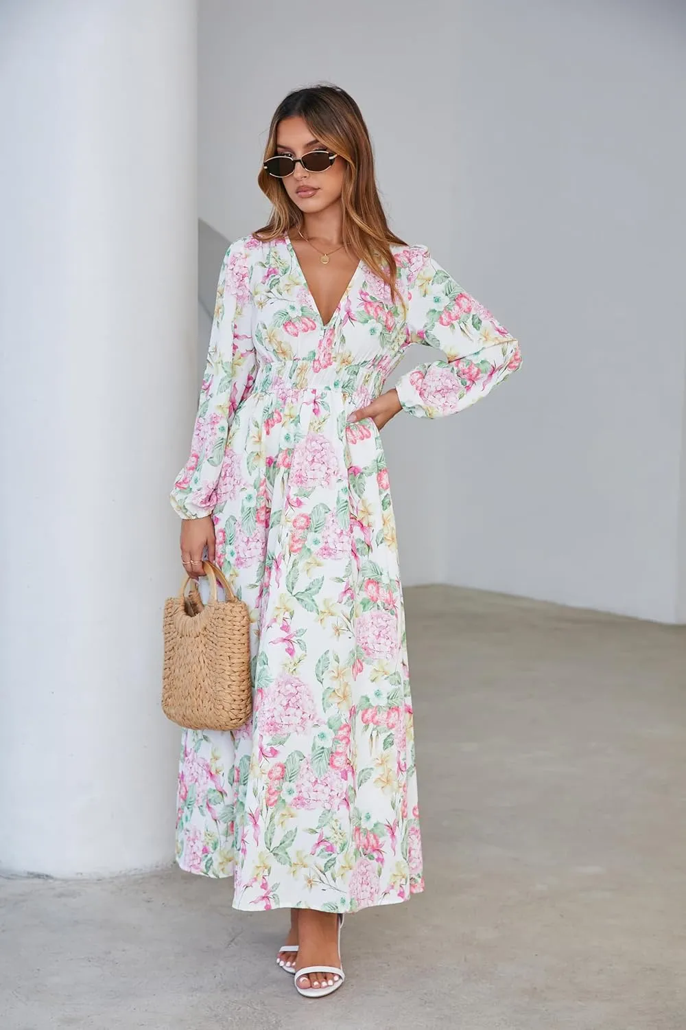 Sissyaki Women's Long Sleeve Boho Floral Maxi Dress Smocked Beach Flowy Dress