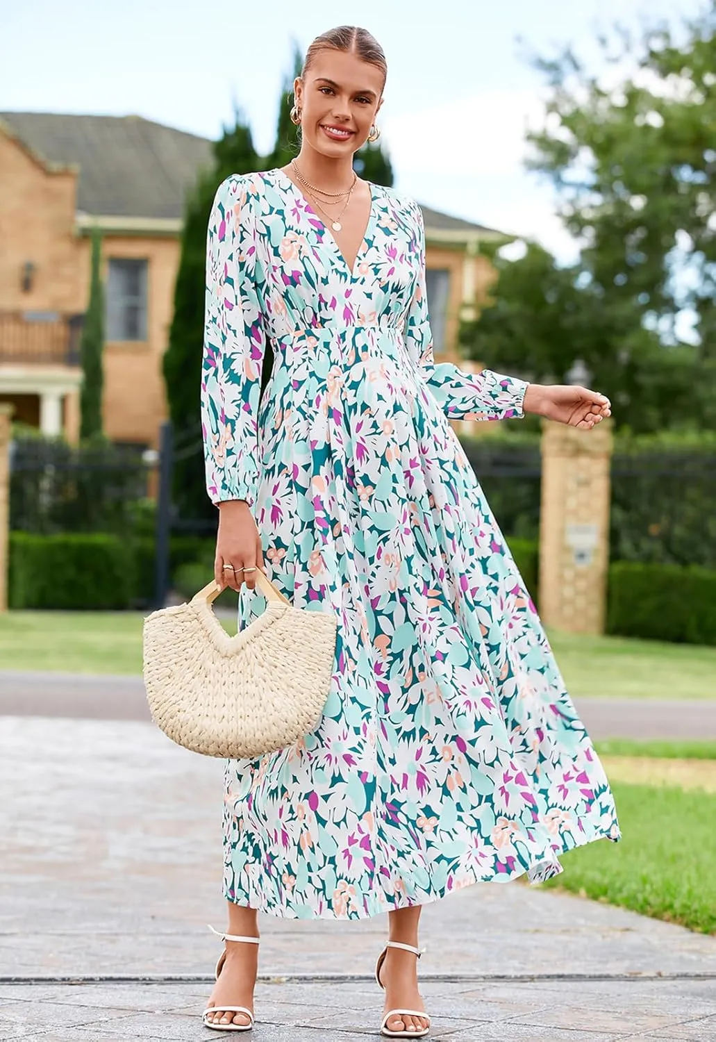 Sissyaki Women's Long Sleeve Boho Floral Maxi Dress Summer Fall Wedding Guest Dress