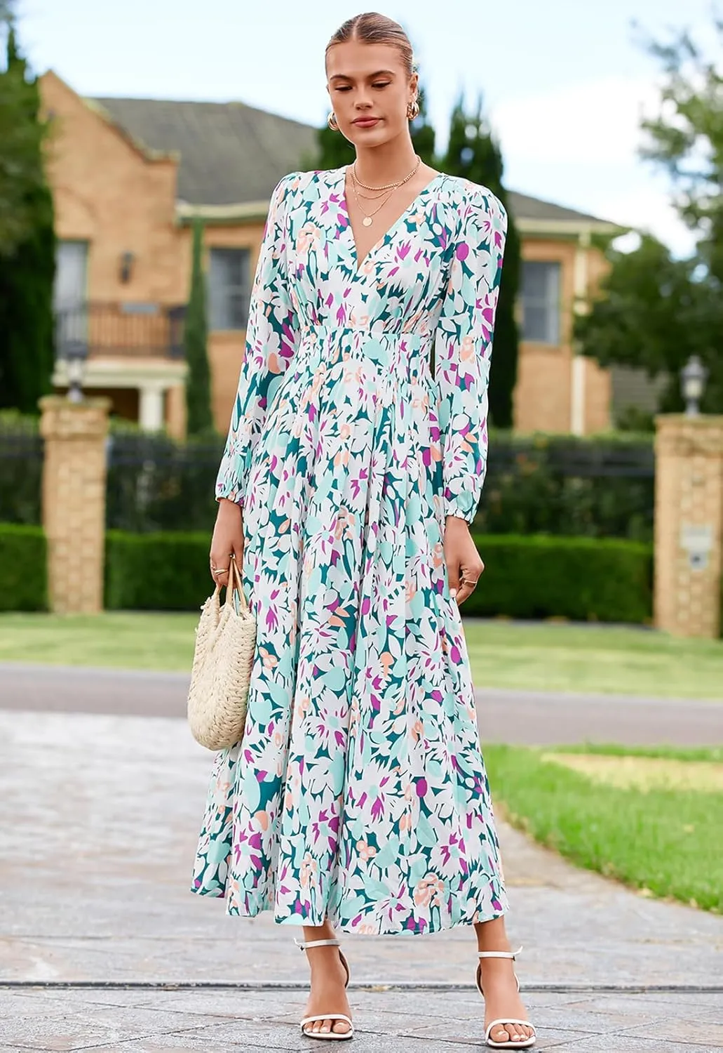 Sissyaki Women's Long Sleeve Boho Floral Maxi Dress Summer Fall Wedding Guest Dress