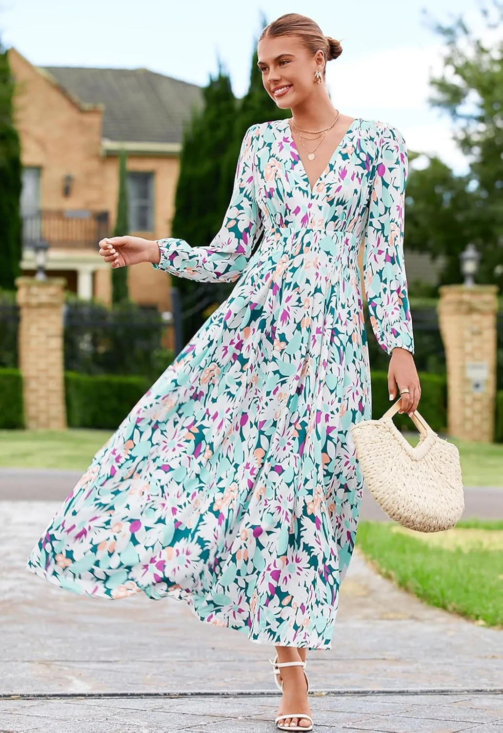 Sissyaki Women's Long Sleeve Boho Floral Maxi Dress Summer Fall Wedding Guest Dress