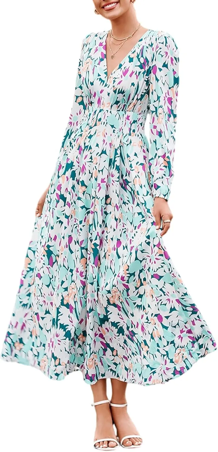 Sissyaki Women's Long Sleeve Boho Floral Maxi Dress Summer Fall Wedding Guest Dress