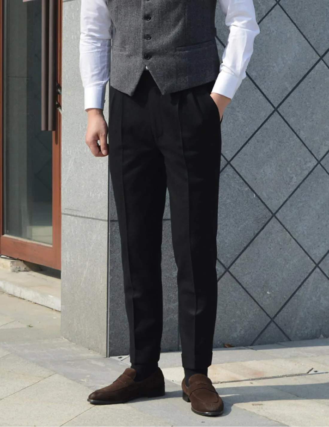 Snoly Men's Winter Retro Woolen Gurkha Pant Straight Flat Front Chino High Waist Tapered Leg Rolled Pants,Two Styles