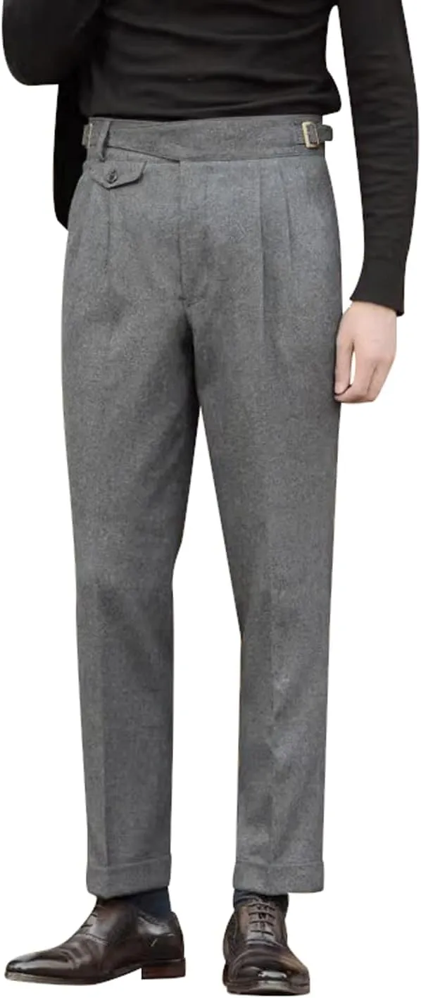 Snoly Men's Winter Retro Woolen Gurkha Pant Straight Flat Front Chino High Waist Tapered Leg Rolled Pants,Two Styles