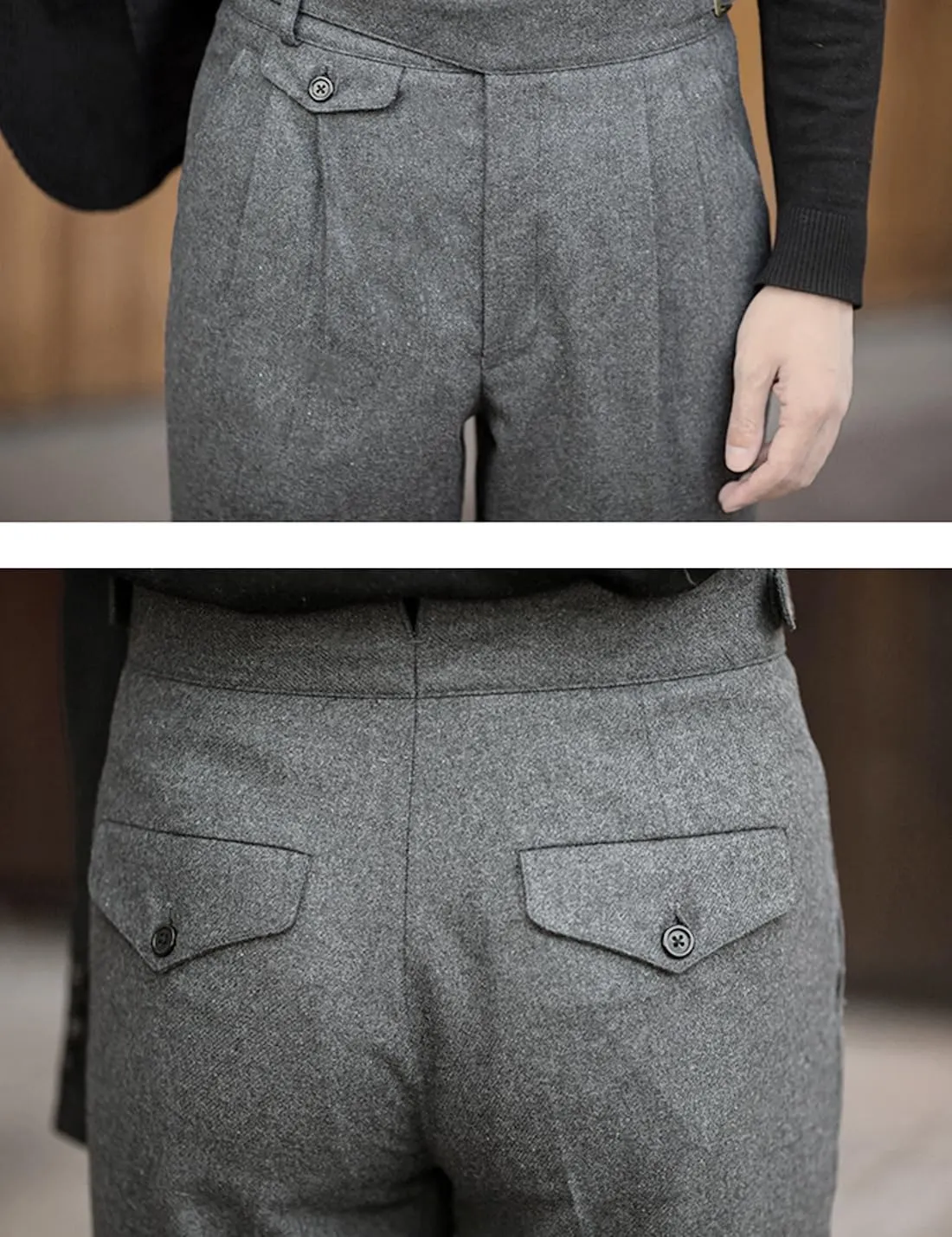 Snoly Men's Winter Retro Woolen Gurkha Pant Straight Flat Front Chino High Waist Tapered Leg Rolled Pants,Two Styles