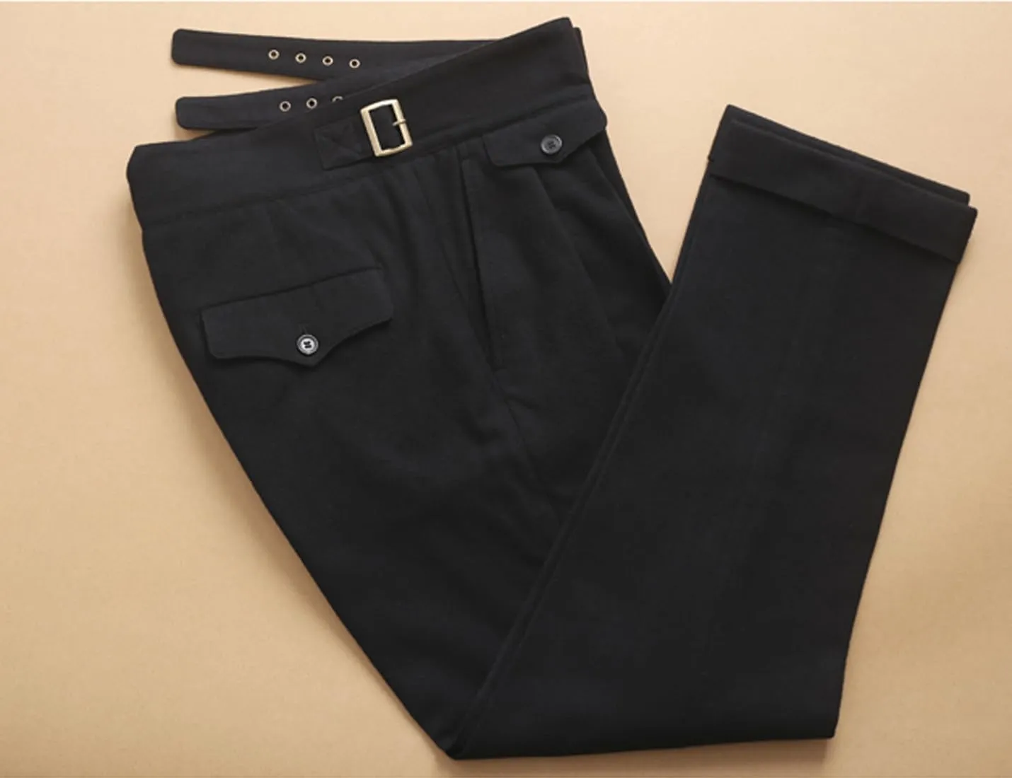 Snoly Men's Winter Retro Woolen Gurkha Pant Straight Flat Front Chino High Waist Tapered Leg Rolled Pants,Two Styles