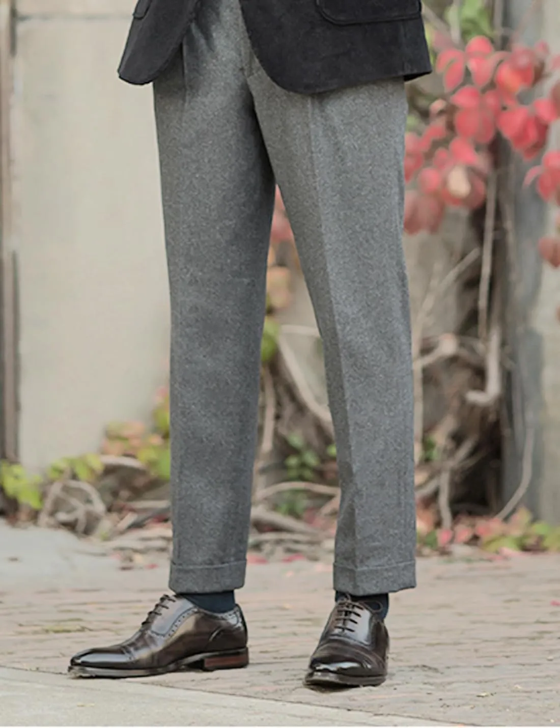 Snoly Men's Winter Retro Woolen Gurkha Pant Straight Flat Front Chino High Waist Tapered Leg Rolled Pants,Two Styles